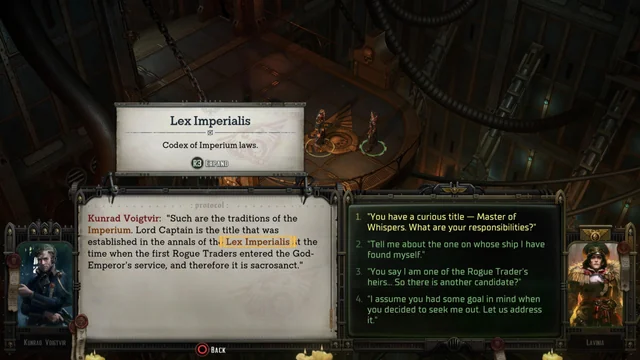 Rogue Trader dialogue with pop-up excerpt of a potentially unfamiliar term